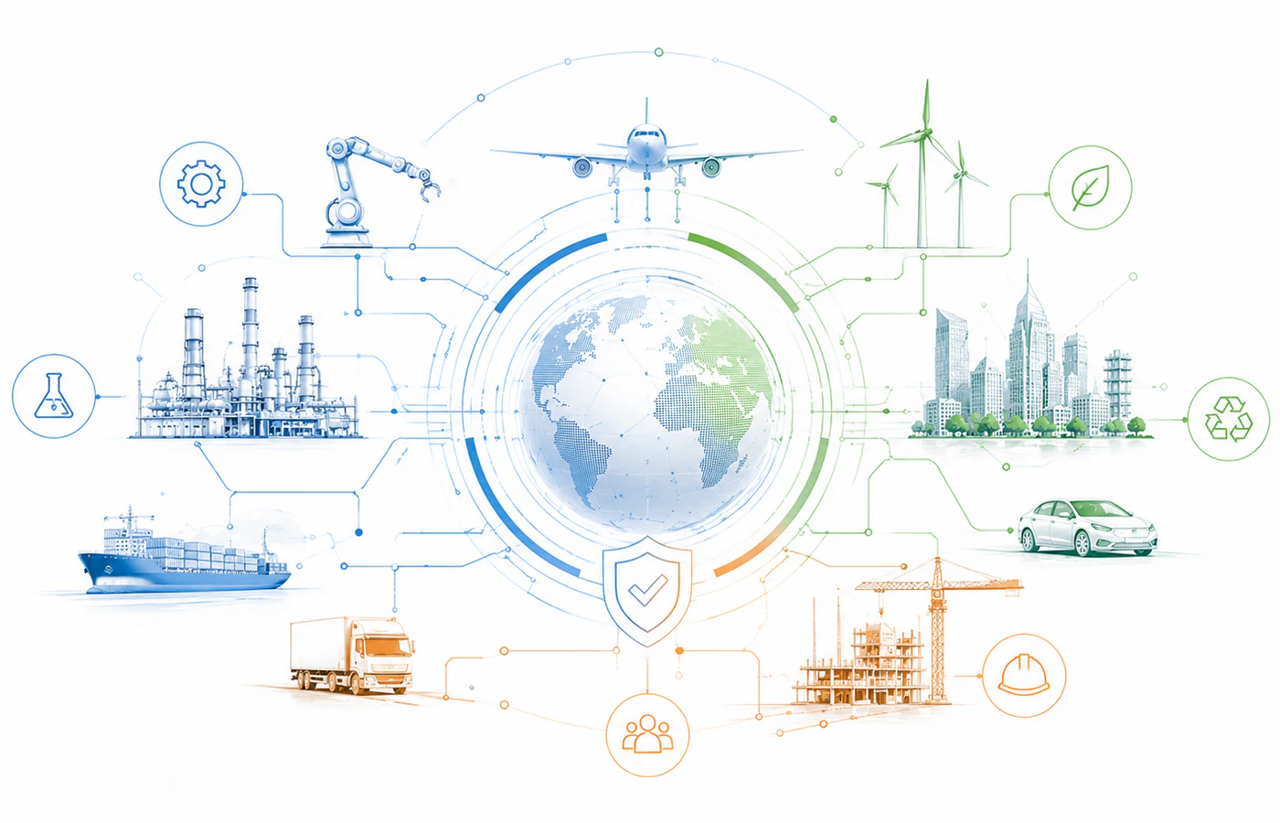 Reprezentare vizuală a industriilor interconectate prin standarde ISO, cu elemente din energie, construcții, logistică, industrie, IT și transport, conectate prin linii de standardizare și conformitate.